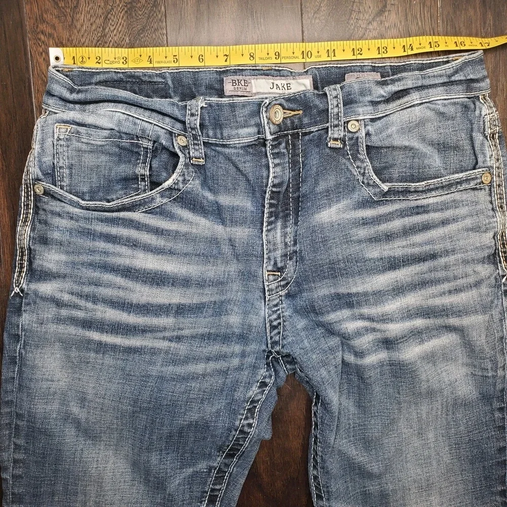 BKE Jake Jeans Mens 36L Straight Leg Denim Classic Casual Buckle Whiskered Faded